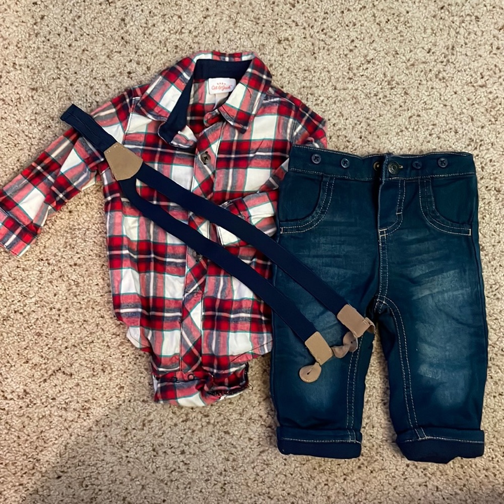 3-6 mo flannel/jeans/suspenders